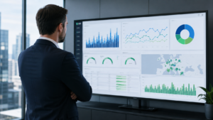 Menadžer ispred Qlik Sense dashboarda s grafikonima prodaje, marže i KPI pokazatelja