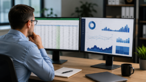 Kontroler uspoređuje Excel tablicu i pregledni BI dashboard tijekom prelaska na BI sustav