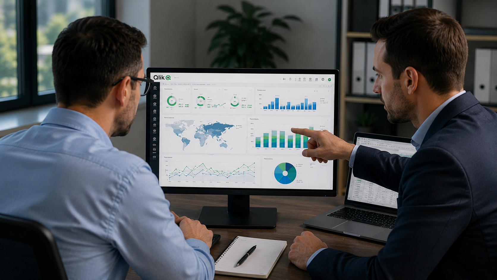 Konzultant i kontroler rade na Qlik Sense BI dashboardu tijekom uvođenja kontrolinga